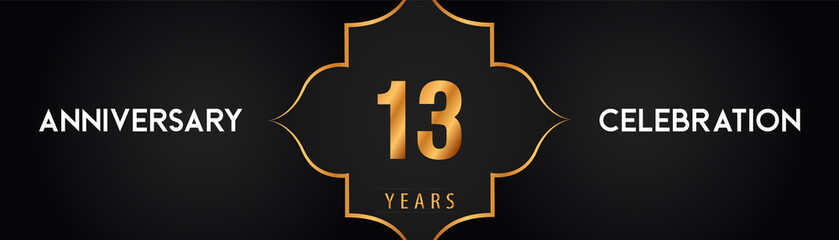 13 years anniversary logotype with Arabic style gold frames on black background. Premium design for celebration events, poster, banner, graduation, weddings, birthday party, and greetings card.