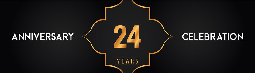 24 years anniversary logotype with Arabic style gold frames on black background. Premium design for celebration events, poster, banner, graduation, weddings, birthday party, and greetings card.