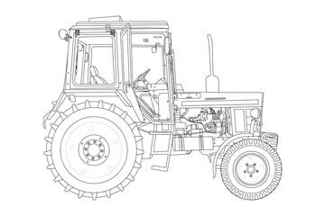 tractor drawn in one line, simple and flat