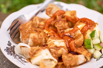 Indonesian food - Batagor is made from fish, tapioca and seasoning wrapped in dumplings then fried. Served with spicy peanut sauce.