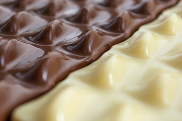 white chocolate and milk chocolate or dark chocolate concept background with delicious and creamy quality with text area