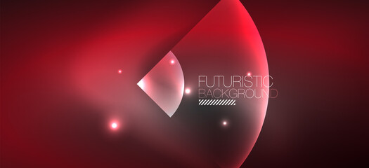 Shiny neon geometric abstract background. Glowing lights on round shapes, triangles and circles. Wallpaper for concept of AI technology, blockchain, communication, 5G, science, business