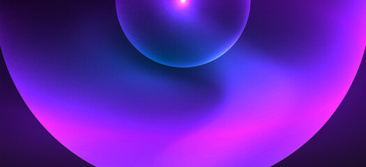 Shiny neon geometric abstract background. Glowing lights on round shapes, triangles and circles. Wallpaper for concept of AI technology, blockchain, communication, 5G, science, business