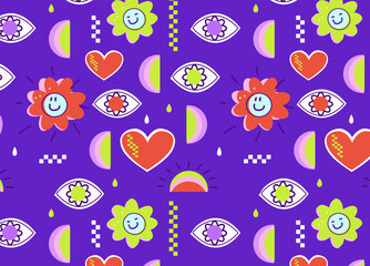 Seamless pattern of cool groovy flower Y2k style, Nostalgia for the 2000 years. vector illustration.