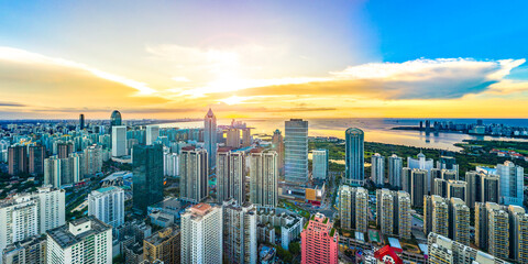 Panoramic Aerial View of Haikou Bay in a Sunny Day, Haikou City, Hainan Province, China, Asia.