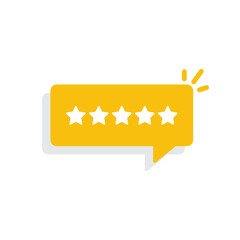 Five star costumer rating isolated on chat bubble icon design vector. Quality feedback satisfaction symbol illustration.