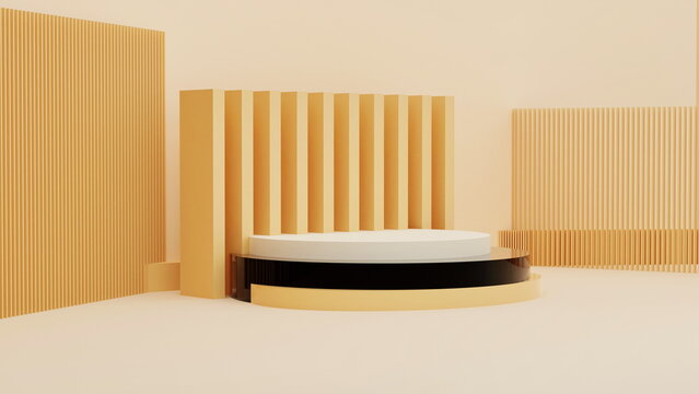 Podium In Abstract Yellow Composition, 3d Render, 3d Illustration, Modern Color.