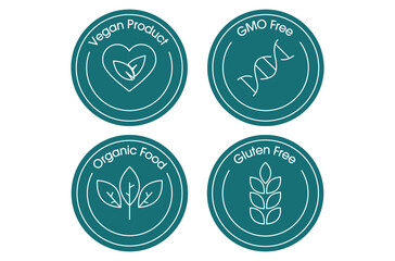 vegan product, gmo free, organic, gluten free icon set vector illustration  - obrazy, fototapety, plakaty