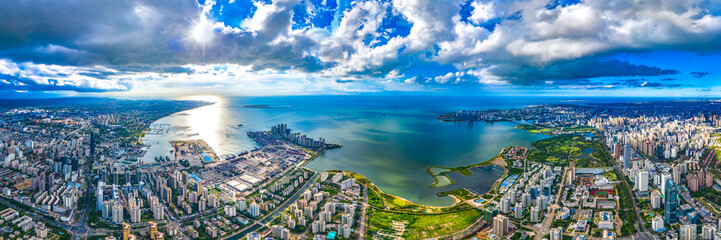 Panoramic Aerial View of Haikou Bay in a Sunny Day, Hainan Province, China, Asia.