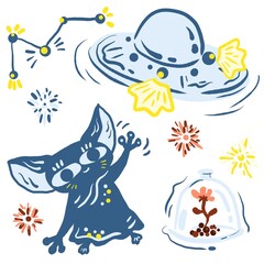 Naklejka na ściany i meble Hand drawn illustration space objects. Isolated objects of the alien, flying saucer, constellation, stars, a flower in a greenhouse on white background. Design concept for children print, stickers