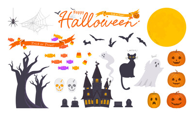 Collection of Halloween elements. Vector illustration of pumpkin, bats, ghost, spider, black cat, haunted house, full moon and halloween candy.