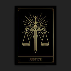 Justice magic major arcana tarot card in golden hand drawn style