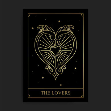 The Lovers Magic Major Arcana Tarot Card In Golden Hand Drawn Style