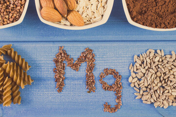 Inscription Mg and ingredients containing magnesium, vitamins and minerals. Healthy nutrition