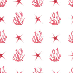 Fototapeta na wymiar Sea pattern with watercolor red corals and starfishes isolated.