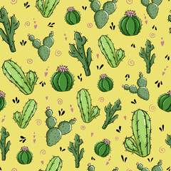 Seamless pattern with green cactuses and doodles on yellow background