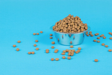 A metal bowl overflowing with dog food on a blue background.
