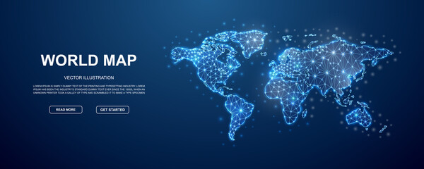 World Map 3d low poly symbol with connected dots for blue landing page. Geography design illustration concept. Polygonal Earth planet illustration - 514725222