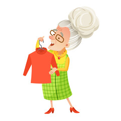 Vector illustration of an old woman with glasses tries on a blouse. Clothes, shopping, fashion