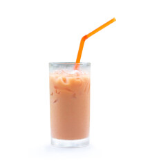 Orange Thai iced condensed milk tea in transparent glass isolated on white background with clipping path