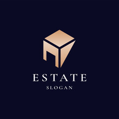 Modern Real Estate gold color Logo Design. Building, Construction Working Industry logo concept Icon. Residential contractor, General Contractor and Commercial Office Property business logos.