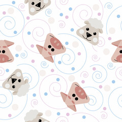 Webpattern, seamless pattern, muzzles pig and sheep, curls, children's print, pattern for children with pets, farm, circles, curls, packaging, textiles