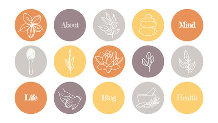 Set of bright icons of highlights for social networks. of icons for a blog about cosmetics, medicine and mental health.