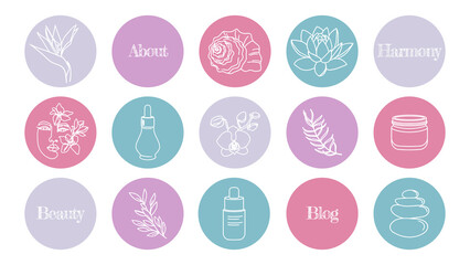 Set of bright purple highlights icons for social networks. of icons for a blog about cosmetics, medicine and mental health.
