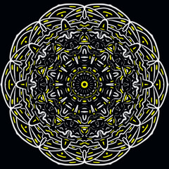 Mandala bianca con tratti gialli su sfondo nero
