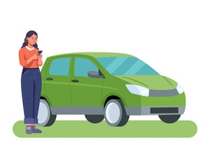 Woman using mobile app pay parking or car sharing illustration - obrazy, fototapety, plakaty