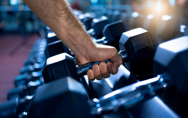 Fototapeta na wymiar Close up of hand man grabbing dumbbell from dumbbell rack in the gym.Sportsman exercise at fitness club.Blue tone image concept.