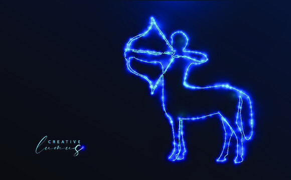 Sagittarius icon illuminated with stars and lines. Zodiac symbol template, neon effect, starry in the universe. Model: futuristic glowing, astrology, vector