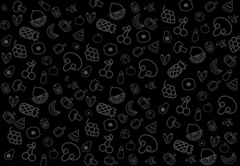 stylish pattern of fruits and vegetables on a black background one line style