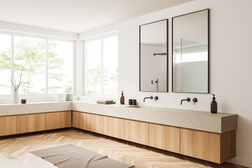 Fototapeta na wymiar Modern bathroom interior with sink, accessories and panoramic window