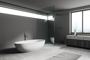 Fototapeta na wymiar Grey bathroom interior tub with douche and accessories, panoramic window