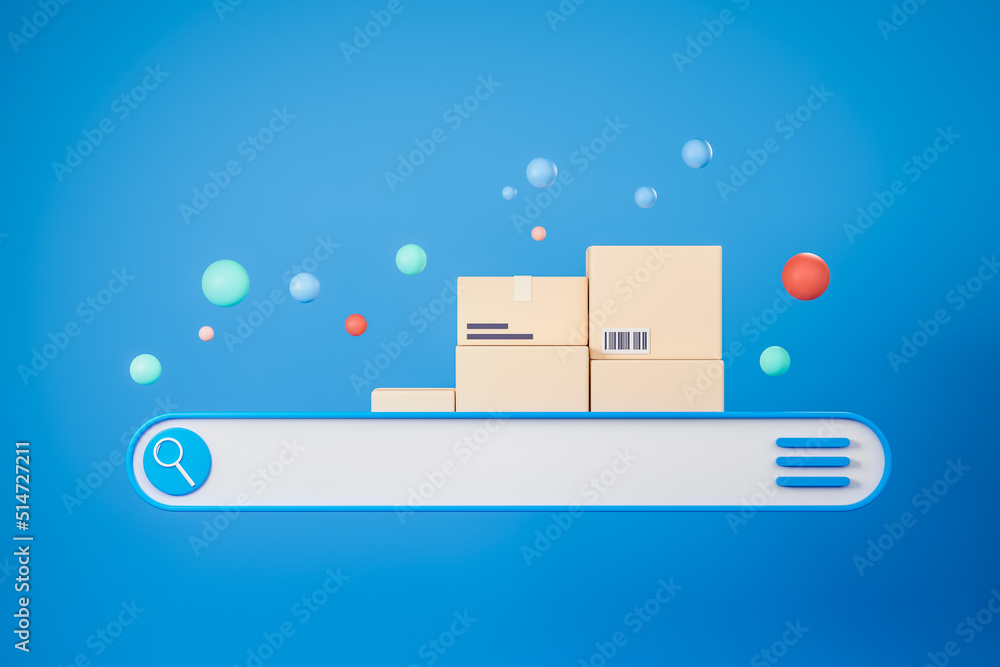 Poster moving house and search engine, web design element on blue background