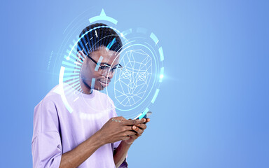 African man with smartphone in hands, biometric scanning, digital hologram. Copy space