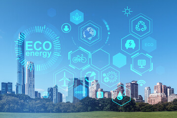Eco energy digital hud interface with New York cityscape, city and technology