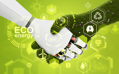 Technology and nature handshake, eco energy digital hud interface with icons