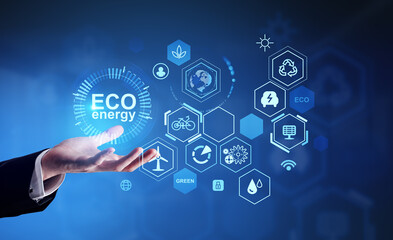 Businessman hand hold eco energy digital hud interface, resources icons