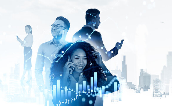 Business people distance working together, stock market chart and network