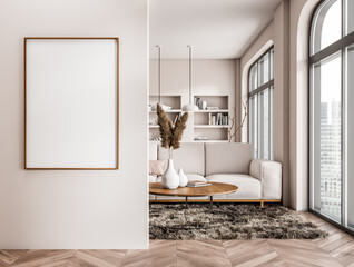 Bright living room interior with empty white poster, coffee table