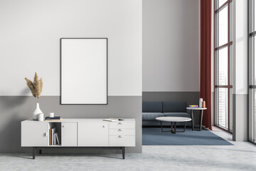 Relax room interior with couch and panoramic window, drawer and mockup frame