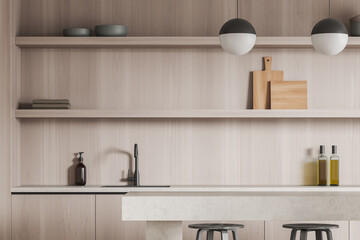 Fototapeta na wymiar Light kitchen interior with table and seats, shelf with kitchenware
