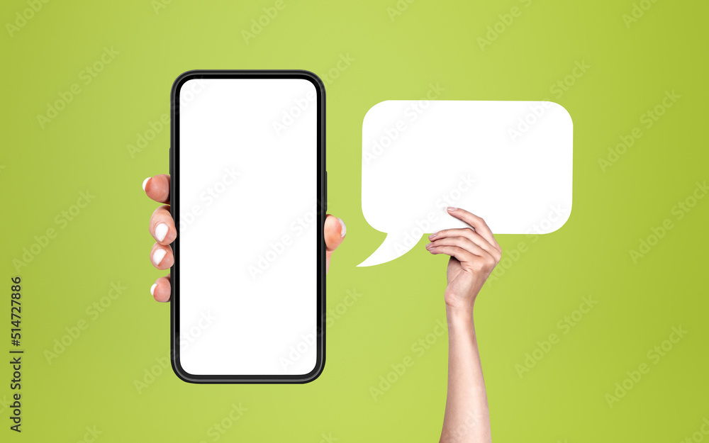 Poster smartphone mockup display with blank speech bubble in hand, green background