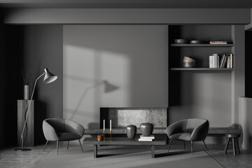 Grey relax room interior with two chairs, shelf and decoration, mockup