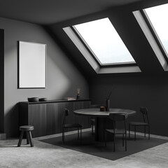 Meeting room interior with seats and table, drawer and window. Mockup frame