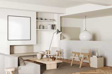 Guest interior with chairs and couch, fireplace with decoration. Mockup frame