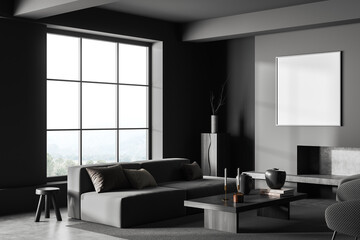 Grey guest interior with couch and panoramic window, fireplace and mockup frame