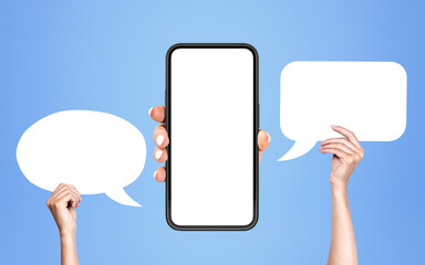 Smartphone mockup display with blank speech bubble in hands, blue background